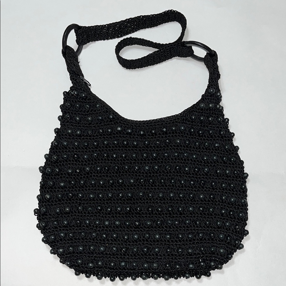 Vintage Black Wood Beaded Knit Crochet Women's Shoulder Hand Bag